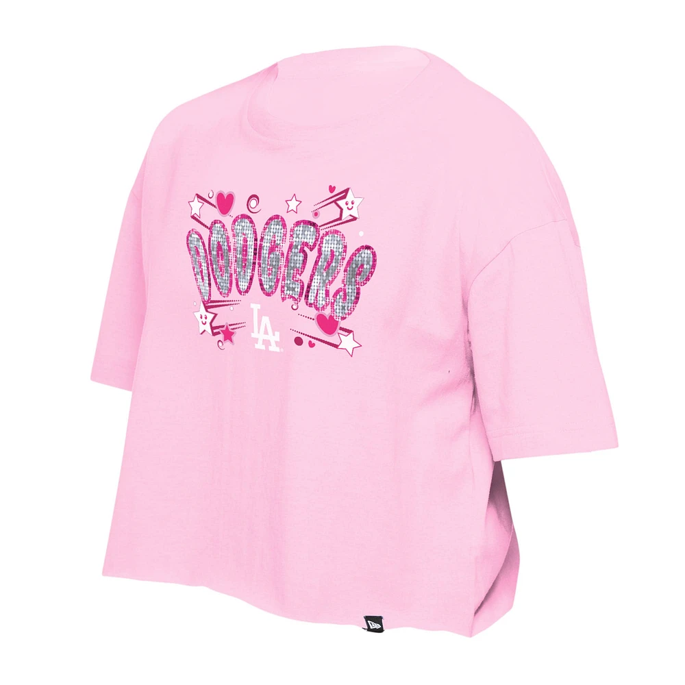 Girls Youth New Era Light Pink Los Angeles Dodgers Flip Sequin Team T-Shirt