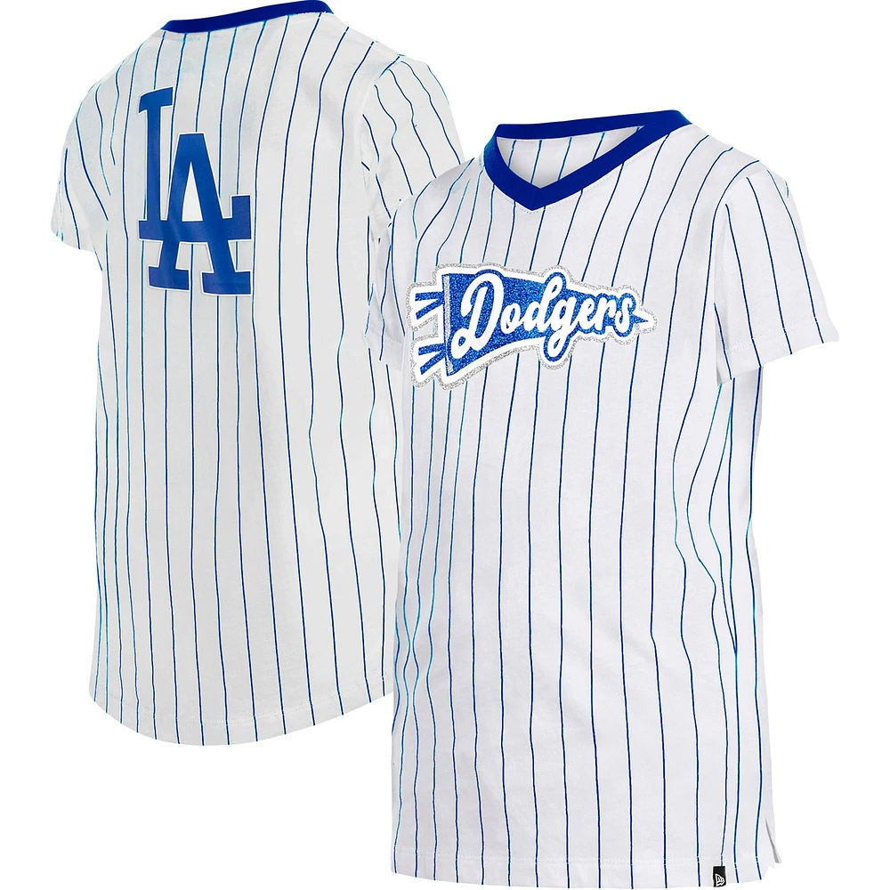 T-shirt à col en V fines rayures des Dodgers de Los Angeles pour fille New Era blanc jeune