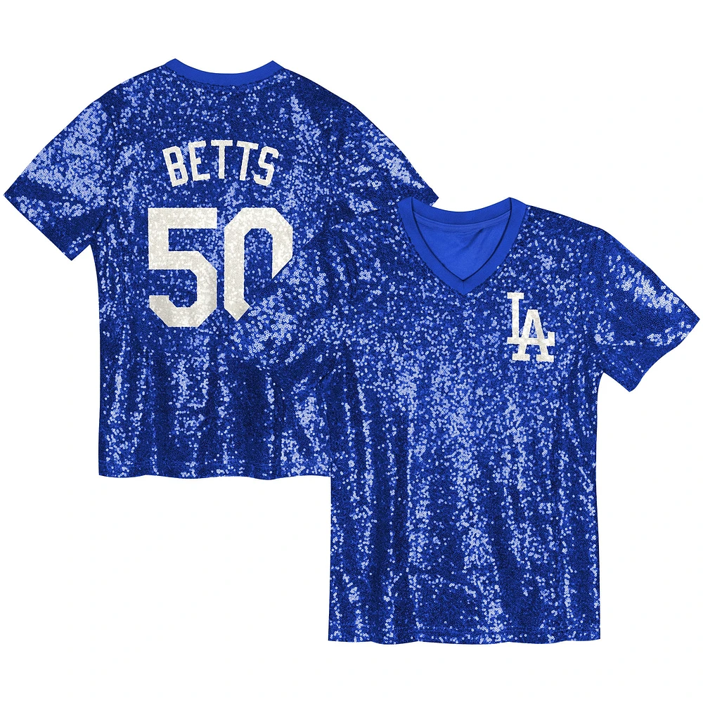 Haut à col en V sequins avec nom et numéro des Dodgers de Los Angeles pour juniors Mookie Betts Royal