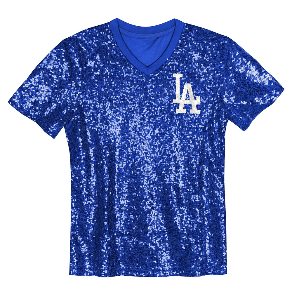 Haut à col en V sequins avec nom et numéro des Dodgers de Los Angeles pour juniors Mookie Betts Royal