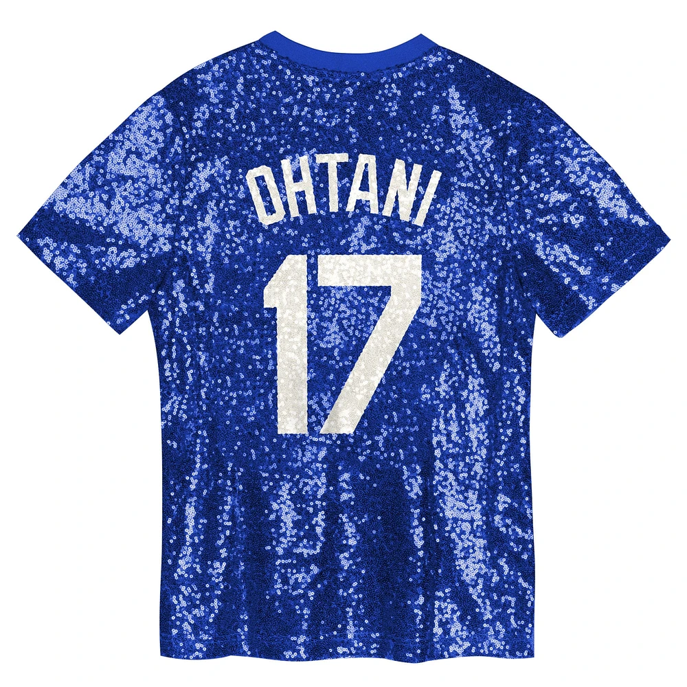 Haut à col en V sequins avec nom et numéro des Dodgers de Los Angeles pour junior Shohei Ohtani Royal