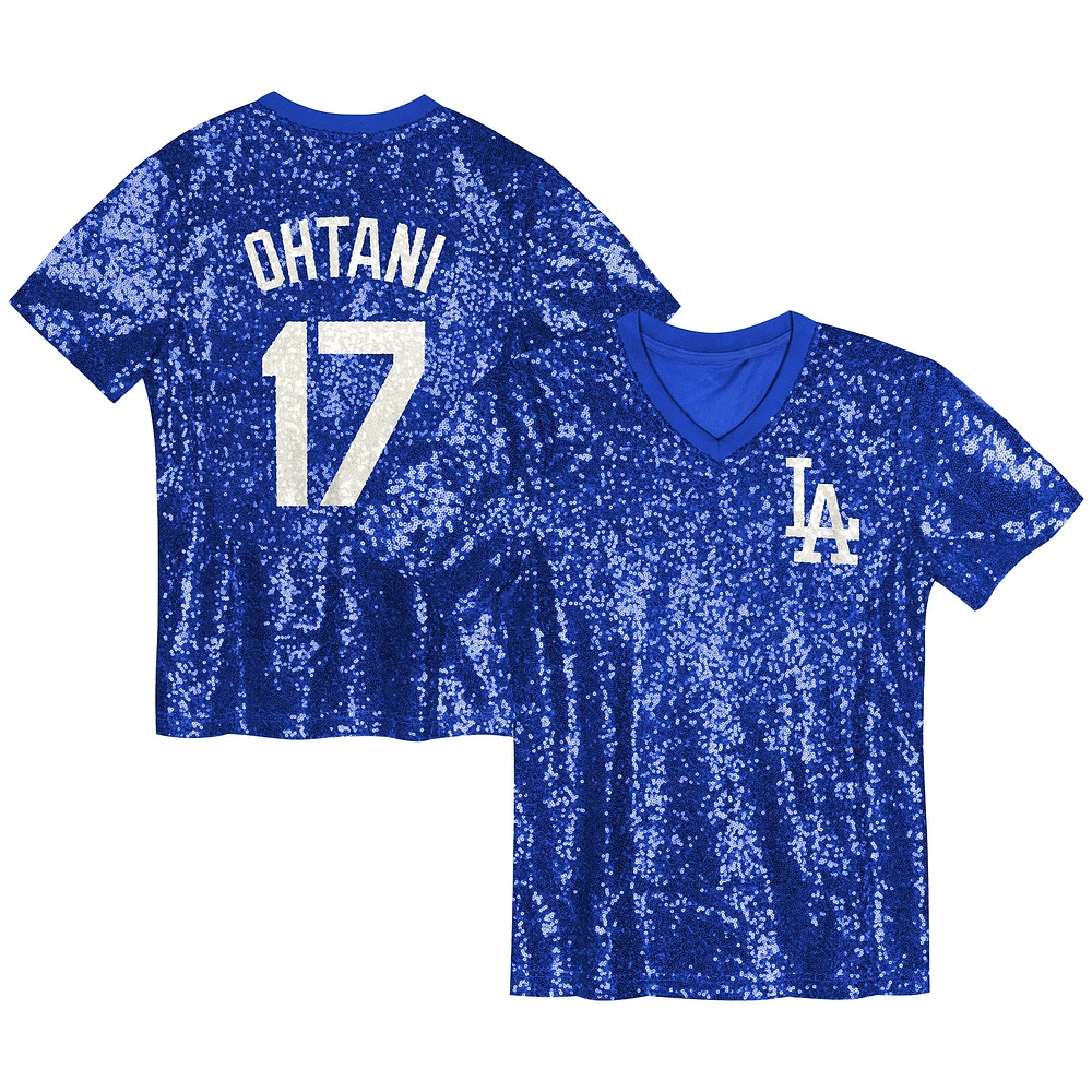 Haut à col en V sequins avec nom et numéro des Dodgers de Los Angeles pour junior Shohei Ohtani Royal