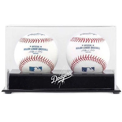 Vitrine de présentation du logo des Los Angeles Dodgers avec deux cubes de baseball