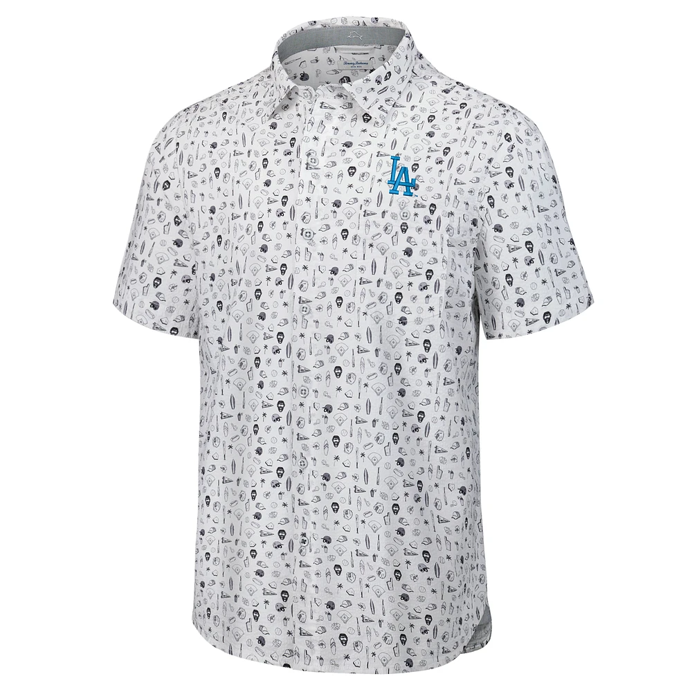 Men's Tommy Bahama  Gray Los Angeles Dodgers Nova Wave Riptide Rally Camp Button-Up Short Sleeve Shirt