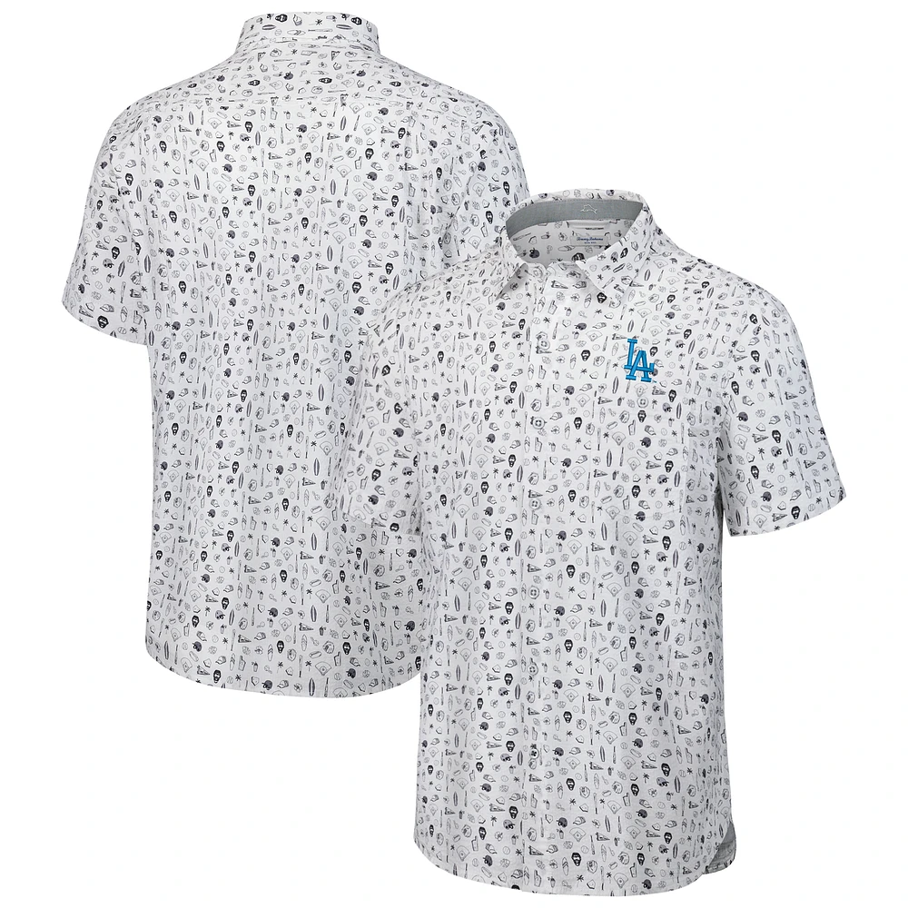 Men's Tommy Bahama Gray Los Angeles Dodgers Nova Wave Riptide Rally Camp Button-Up Short Sleeve Shirt