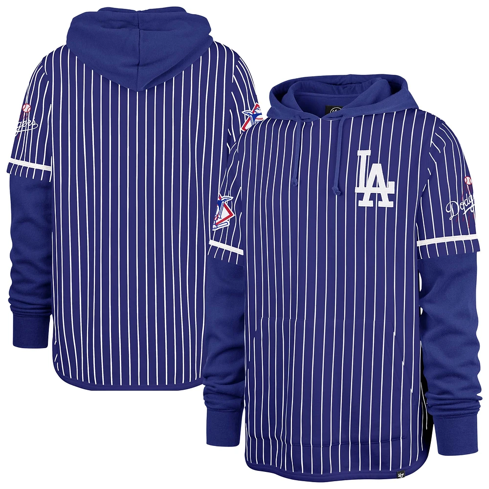 Men's '47  Royal Los Angeles Dodgers Pinstripe Double Header Pullover Hoodie
