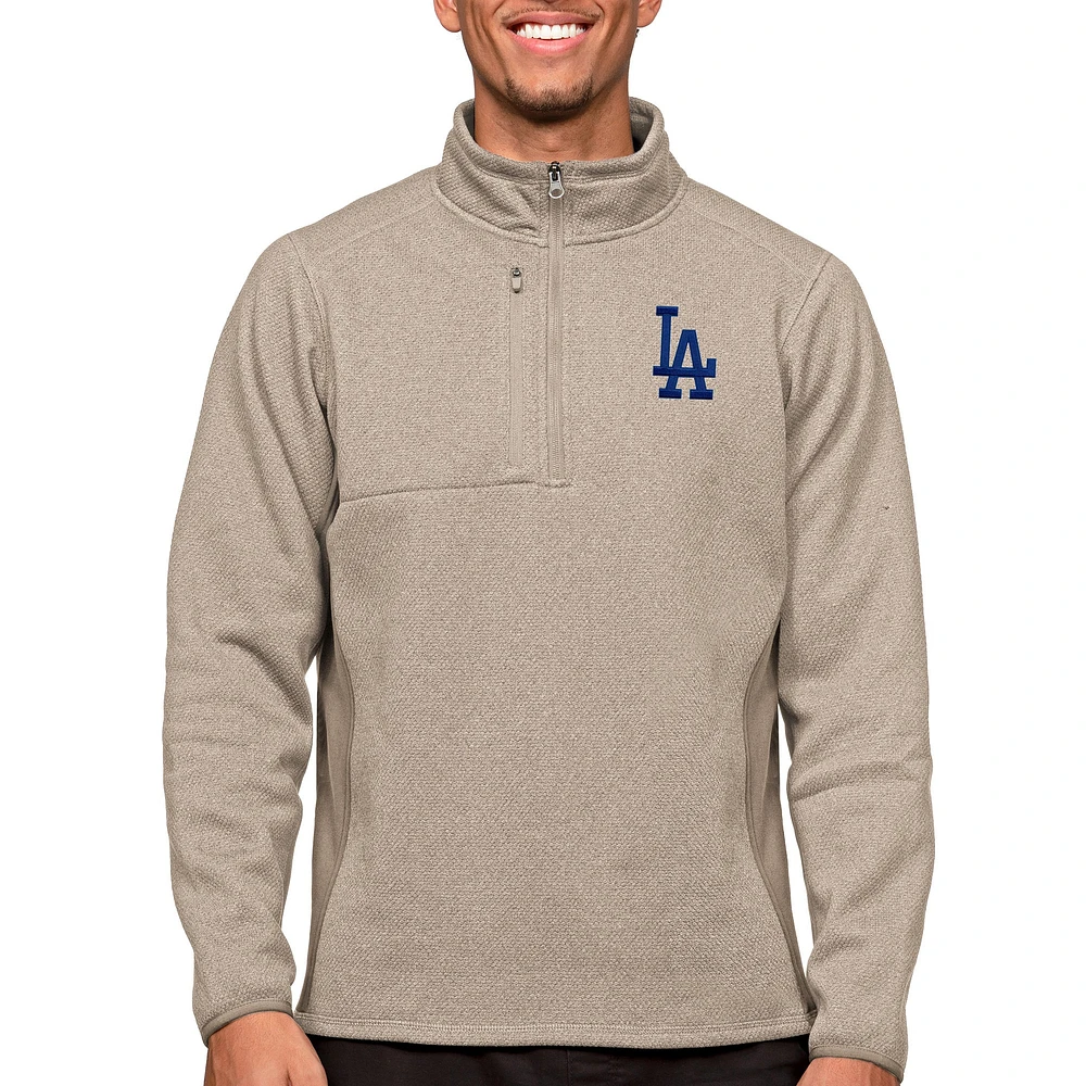 Men's Antigua Oatmeal Los Angeles Dodgers Course Quarter-Zip Pullover Top