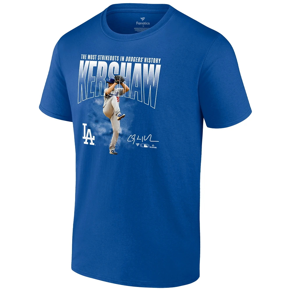 T-shirt Fanatics Clayton Kershaw Royal Los Angeles Dodgers Most Strikeouts pour hommes