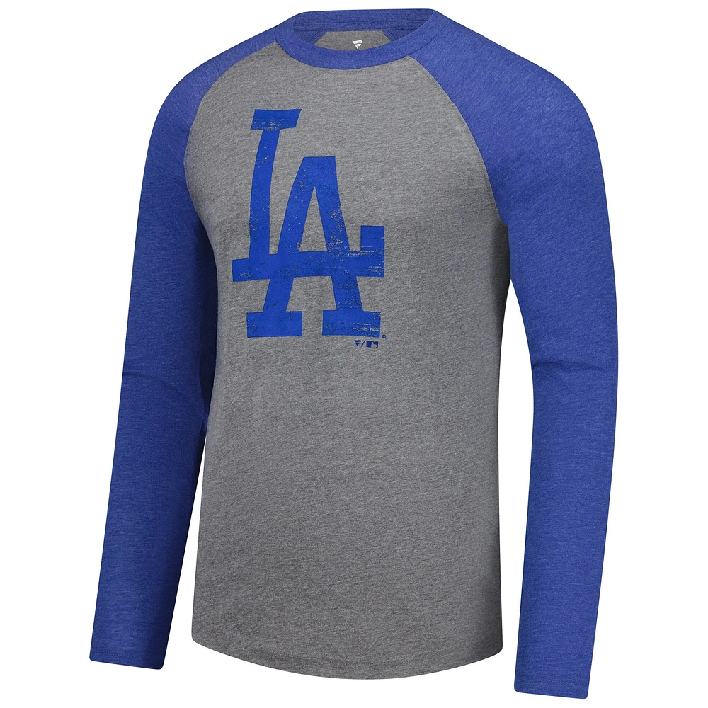 Men's Fanatics Heather Gray/Heather Royal Los Angeles Dodgers Weathered Logo Tri-Blend Raglan Long Sleeve T-Shirt