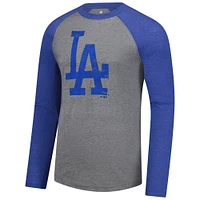 Men's Fanatics Heather Gray/Heather Royal Los Angeles Dodgers Weathered Logo Tri-Blend Raglan Long Sleeve T-Shirt