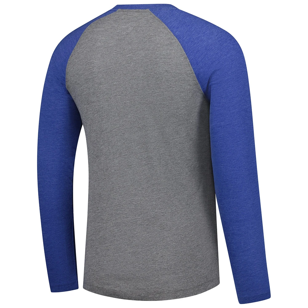 Men's Fanatics Heather Gray/Heather Royal Los Angeles Dodgers Weathered Logo Tri-Blend Raglan Long Sleeve T-Shirt