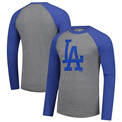 Men's Fanatics Heather Gray/Heather Royal Los Angeles Dodgers Weathered Logo Tri-Blend Raglan Long Sleeve T-Shirt