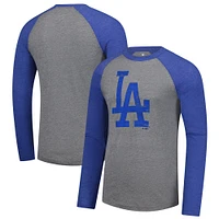 Men's Fanatics Heather Gray/Heather Royal Los Angeles Dodgers Weathered Logo Tri-Blend Raglan Long Sleeve T-Shirt