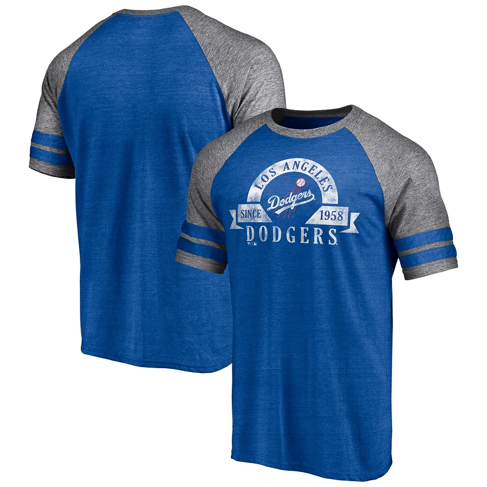 T-shirt utilitaire tri-mélange raglan à deux bandes Fanatics Heather Royal Los Angeles Dodgers pour hommes