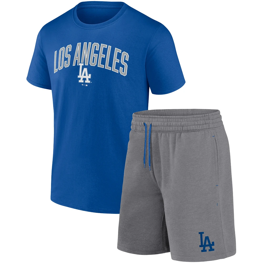 Ensemble combiné t-shirt et short Fanatics Royal/Heather Grey pour hommes des Los Angeles Dodgers Arch