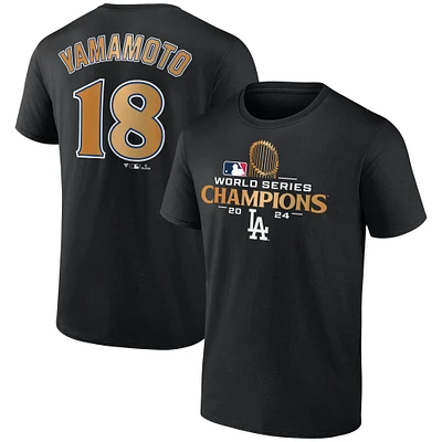 T-shirt Fanatics pour hommes Yoshinobu Yamamoto noir avec nom et numéro des champions de la série mondiale 2024 Los Angeles Dodgers