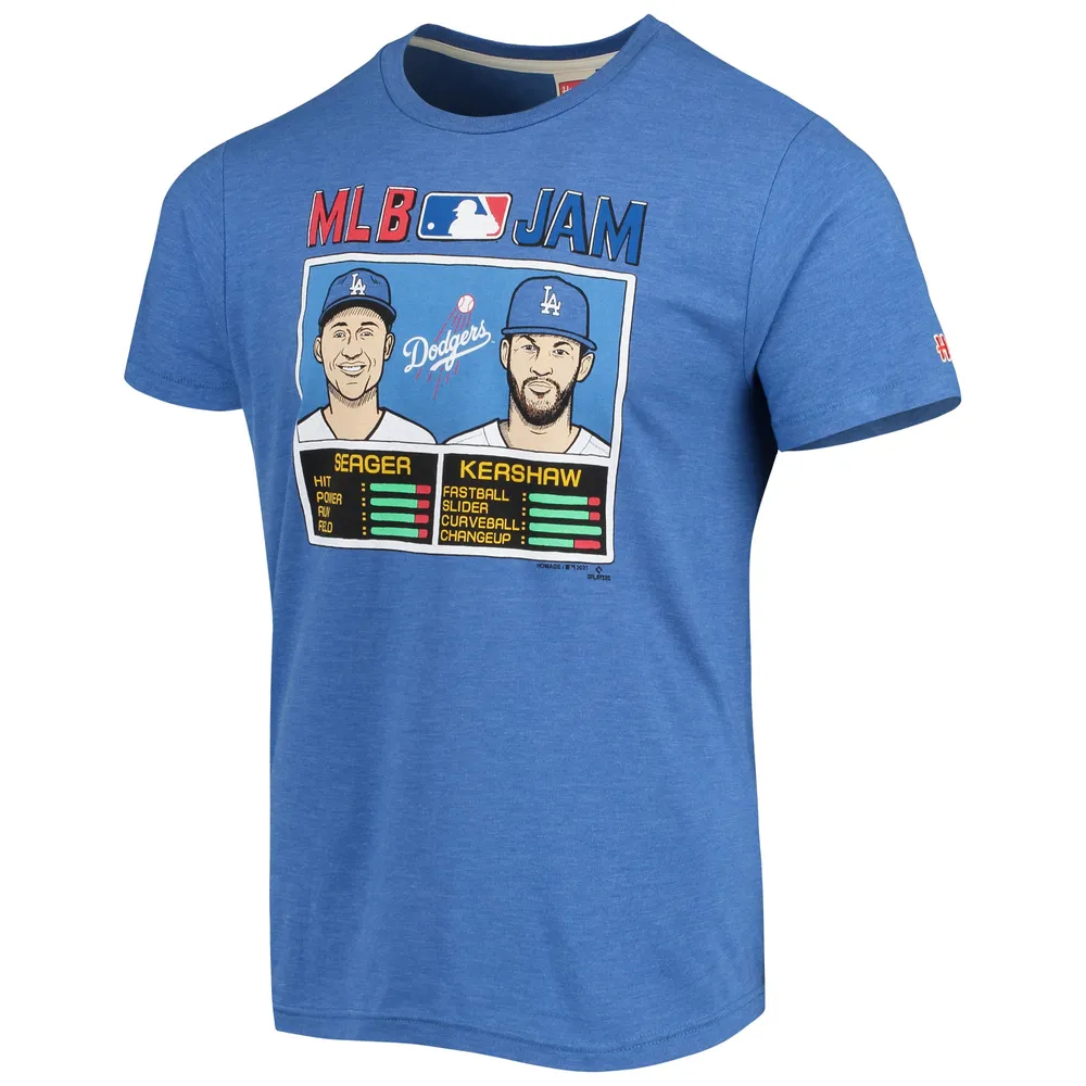 T-shirt à trois mélanges hommage Clayton Kershaw et Corey Seager Royal Los Angeles Dodgers MLB Jam pour hommes