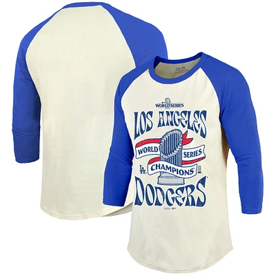 T-shirt à manches 3/4 raglan pour homme Majestic Threads crème/bleu royal Los Angeles Dodgers Champions de la série mondiale 2024