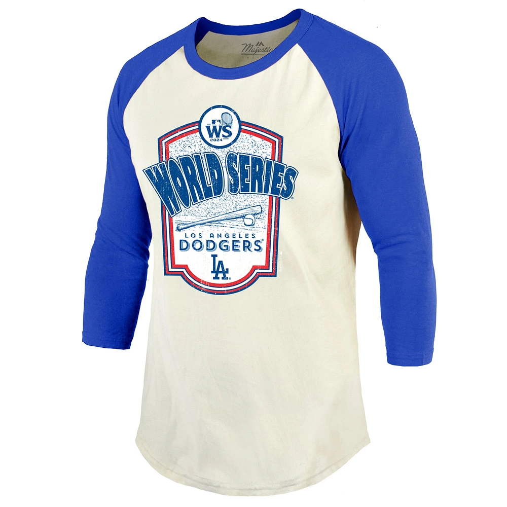 T-shirt à manches 3/4 raglan doux pour homme Majestic Threads crème/bleu royal Los Angeles Dodgers 2024 World Series