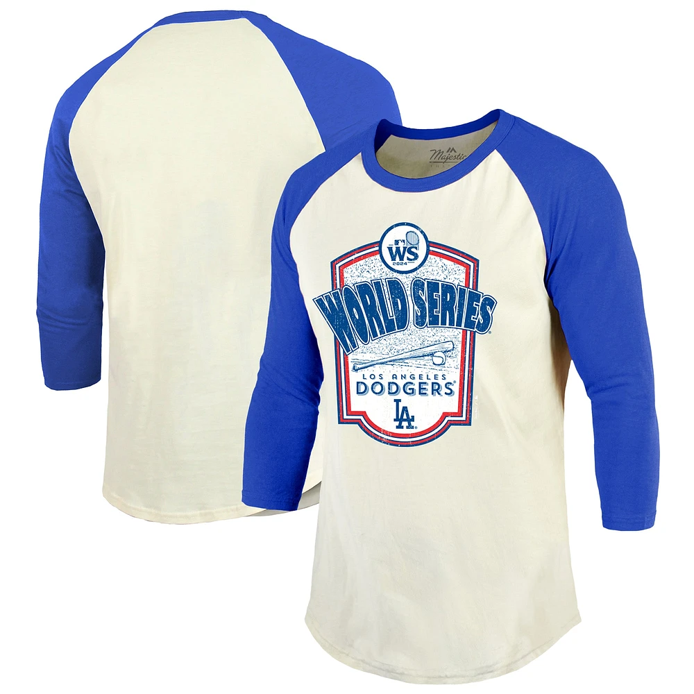 T-shirt à manches 3/4 raglan doux pour homme Majestic Threads crème/bleu royal Los Angeles Dodgers 2024 World Series