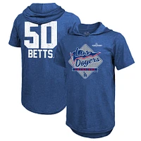 Men's Majestic Threads Mookie Betts Royal Los Angeles Dodgers 2024 World Series Champions Name & Number Tri-Blend Short Sleeve Pullover Hoodie