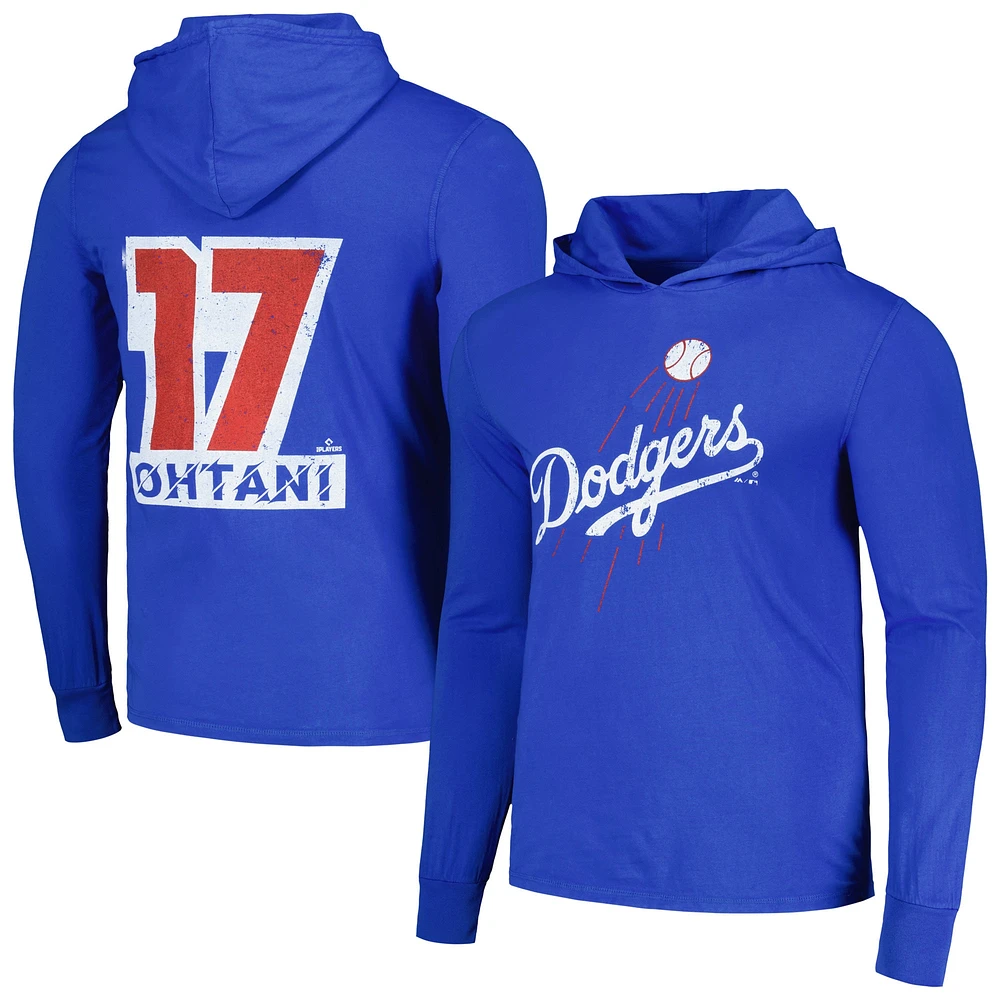 Men's Majestic Threads Shohei Ohtani Royal Los Angeles Dodgers  Soft Hand Long Sleeve Hoodie T-Shirt