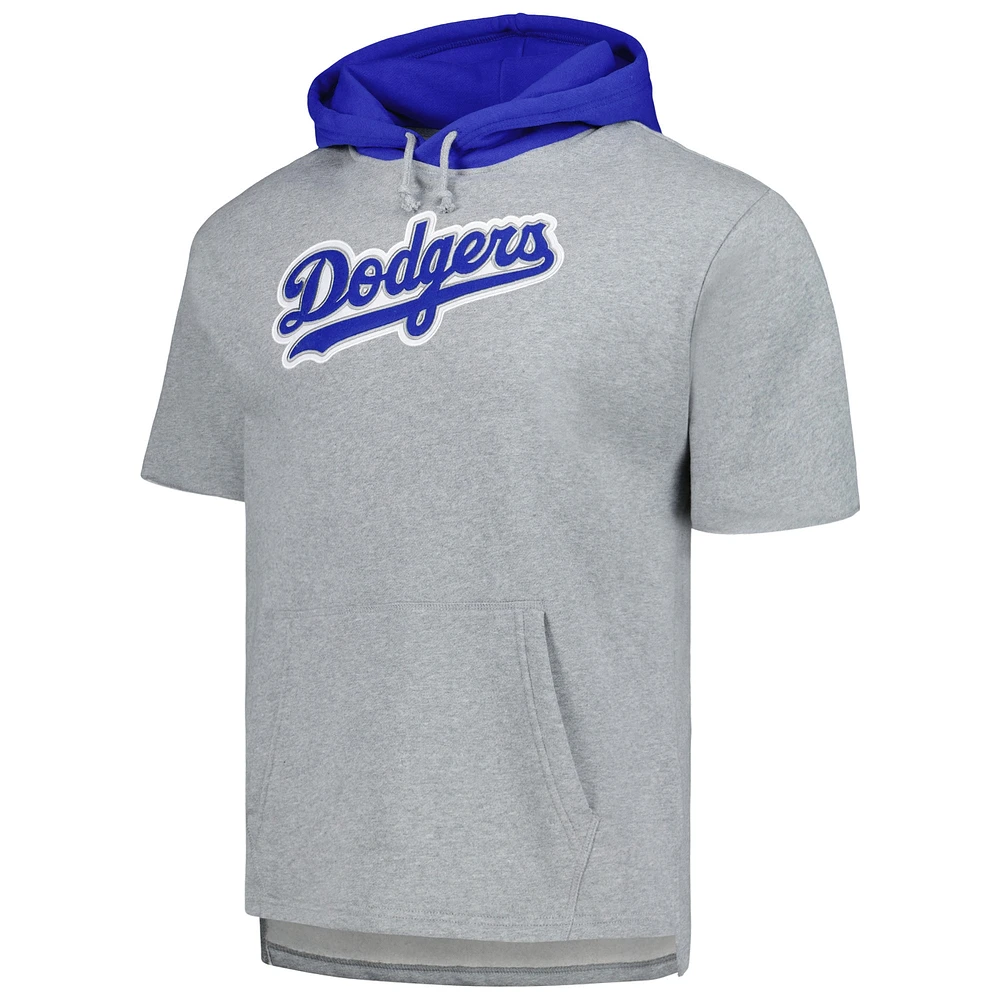 Men's Mitchell & Ness Heather Gray Los Angeles Dodgers Postgame Short Sleeve Pullover Hoodie