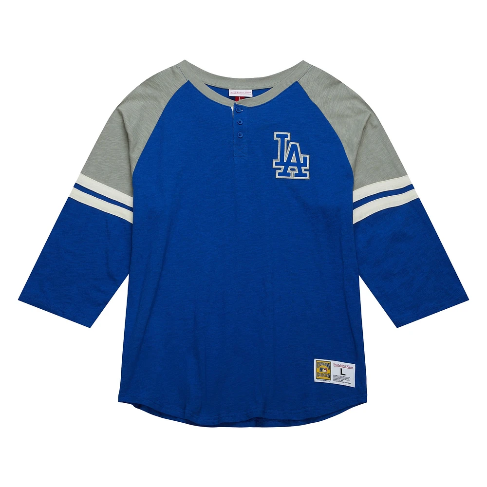 Mitchell & Ness Royal Los Angeles Dodgers Cooperstown Collection T-shirt légendaire Raglan Slub Henley à manches 3/4 pour hommes