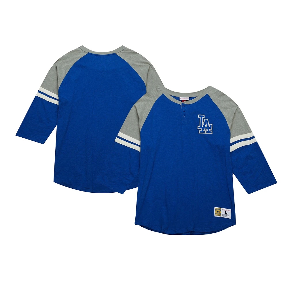 Mitchell & Ness Royal Los Angeles Dodgers Cooperstown Collection T-shirt légendaire Raglan Slub Henley à manches 3/4 pour hommes