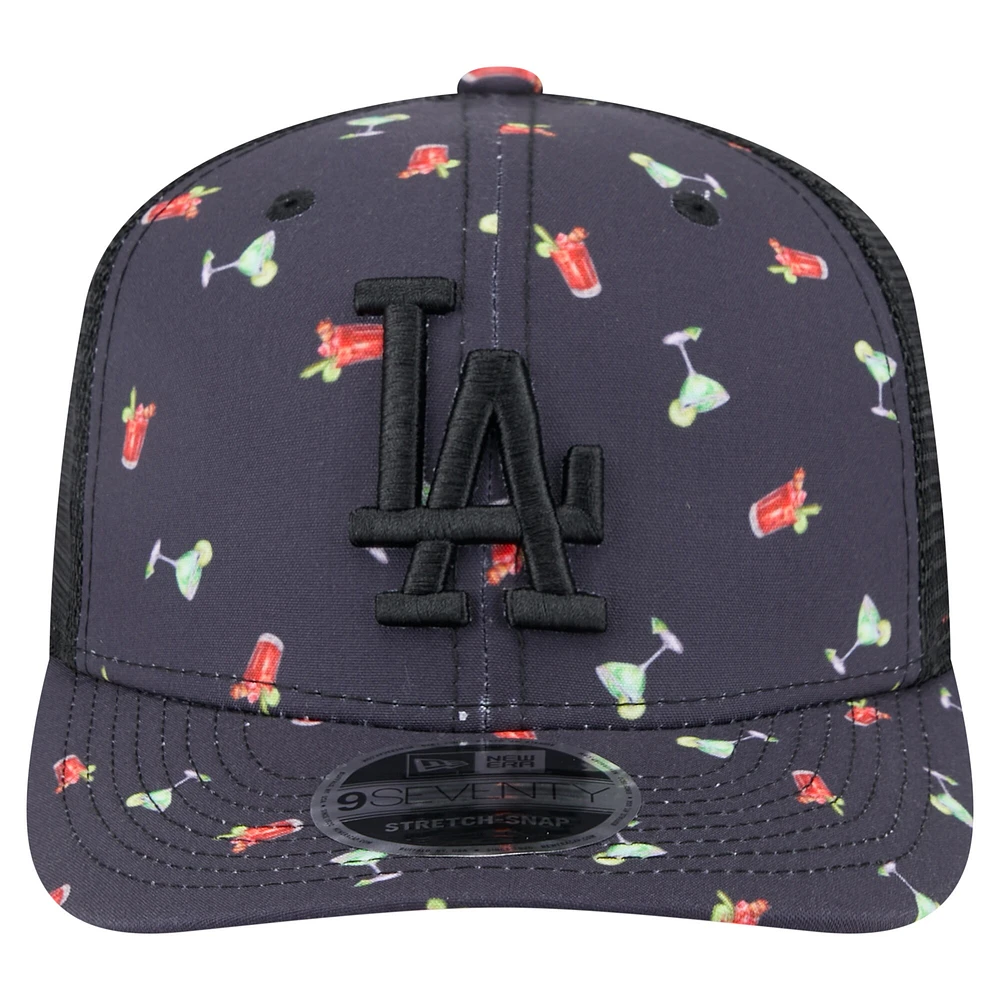Men's New Era Black Los Angeles Dodgers Adventure Drinks Pattern 9SEVENTY Stretch-Snap Hat