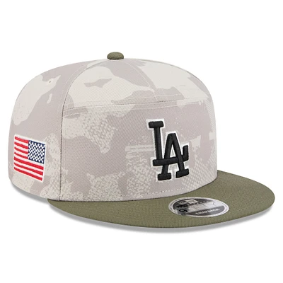 Men's New Era Light Beige/Olive Los Angeles Dodgers 2025 Armed Forces Day Split Panel 9FIFTY Snapback Hat