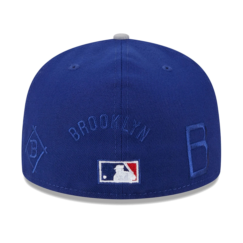 Casquette ajustée 59FIFTY à logo multiple des Los Angeles Dodgers New Era pour hommes, bleu royal/gris