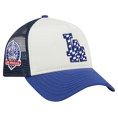 Casquette réglable 9FORTY New Era pour hommes, blanc/royal, Los Angeles Dodgers, drapeau à damier, A-Frame Trucker