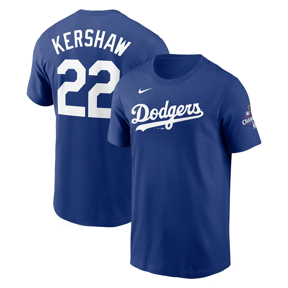 T-shirt Nike Clayton Kershaw Royal Los Angeles Dodgers 2024 World Series Champions pour homme avec nom et numéro