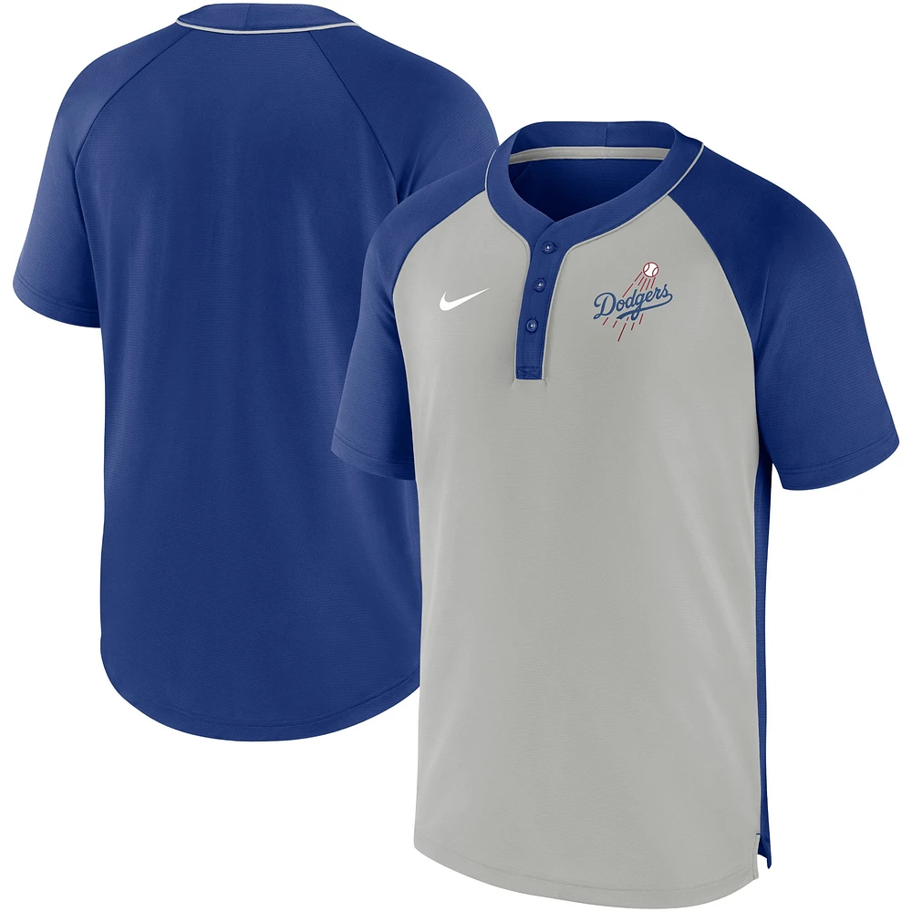 T-shirt à manches raglan Nike pour homme Los Angeles Dodgers Performance - Gris/Bleu royal Henley