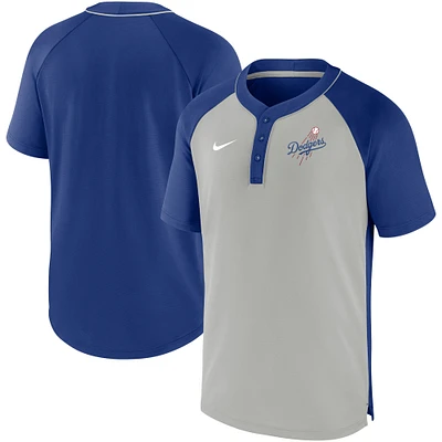 Men's Nike Gray/Royal Los Angeles Dodgers Performance Raglan - Henley T-Shirt