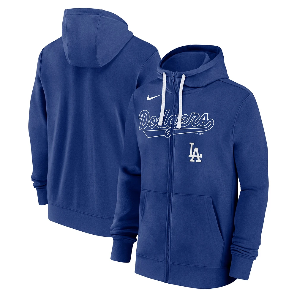 Sweat à capuche entièrement zippé Nike Royal Los Angeles Dodgers Knockout Script pour homme