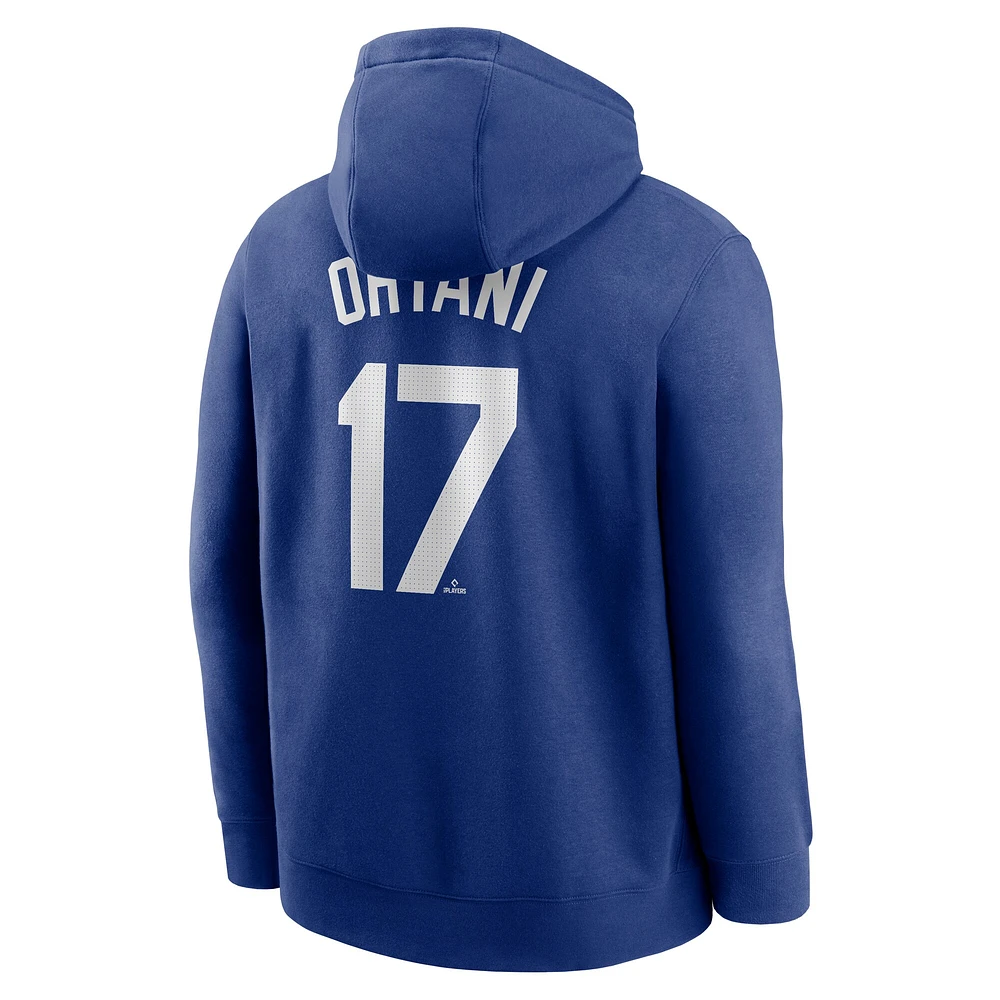 Sweat à capuche Nike Shohei Ohtani Royal Los Angeles Dodgers pour hommes, nom et numéro du club