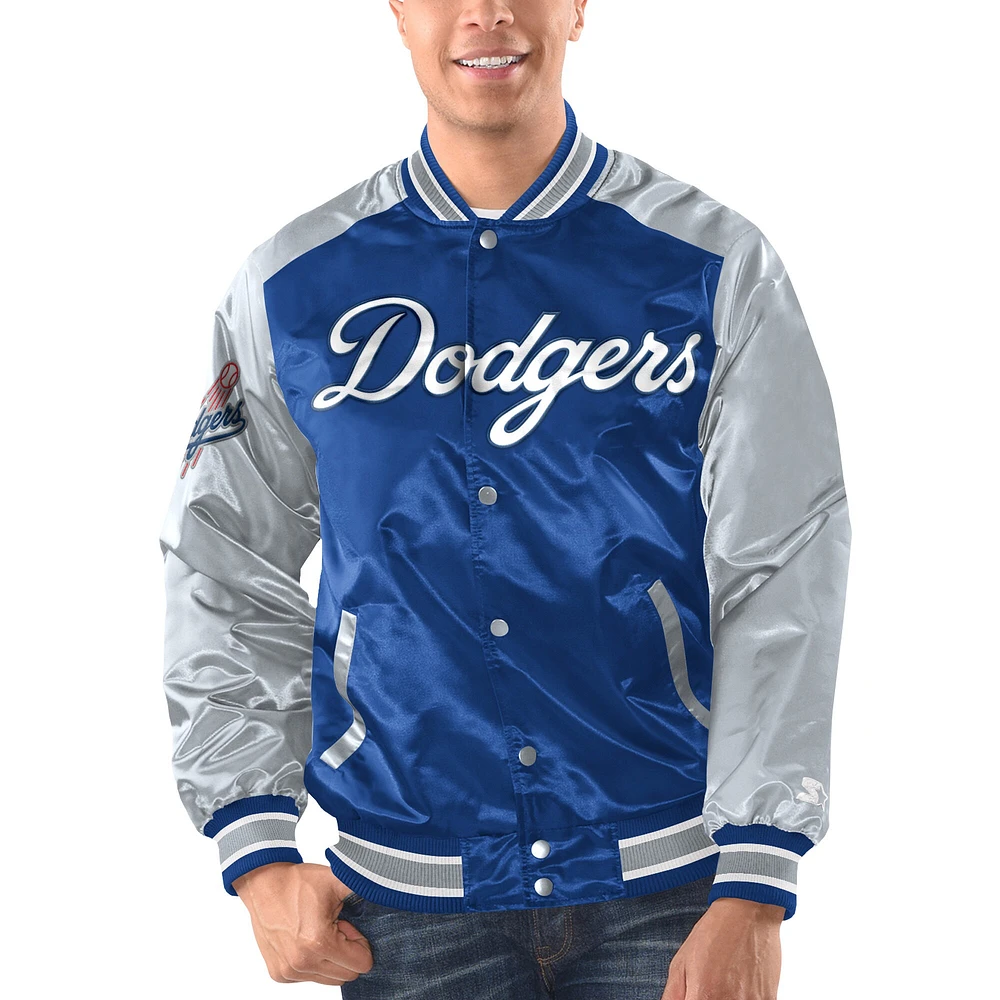 Veste universitaire en satin à bouton-pression Starter Royal/Blanc pour hommes des Dodgers de Los Angeles