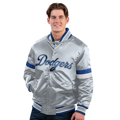 Veste universitaire réversible en satin à boutons-pression Starter Silver/Royal des Los Angeles Dodgers pour homme