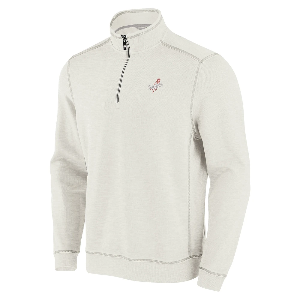Men's Tommy Bahama Cream Los Angeles Dodgers Sport Tobago Bay Tri-Blend Half-Zip Sweatshirt