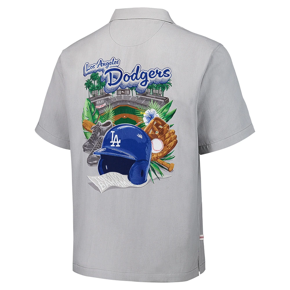 Men's Tommy Bahama Gray Los Angeles Dodgers Hit and Run Silk Camp Button-Up Shirt