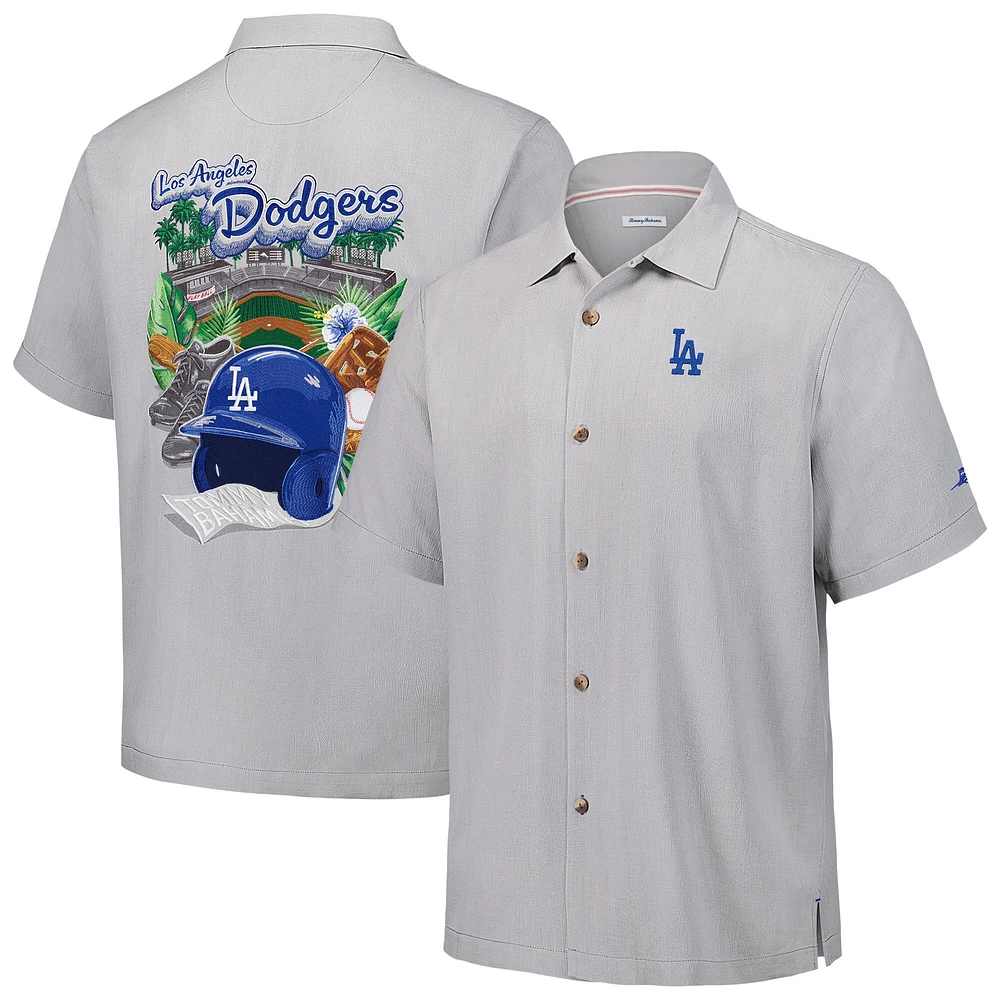 Men's Tommy Bahama Gray Los Angeles Dodgers Hit and Run Silk Camp Button-Up Shirt