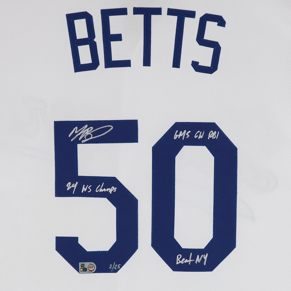 Mookie Betts Los Angeles Dodgers Autographed 2024 World Series Champions White Nike Authentic Jersey with Multiple Inscriptions - Limited Edition of 25