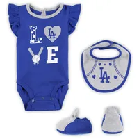 Newborn & Infant Royal/Heather Gray Los Angeles Dodgers Three-Piece Love of Baseball Bib Bodysuit Booties Set