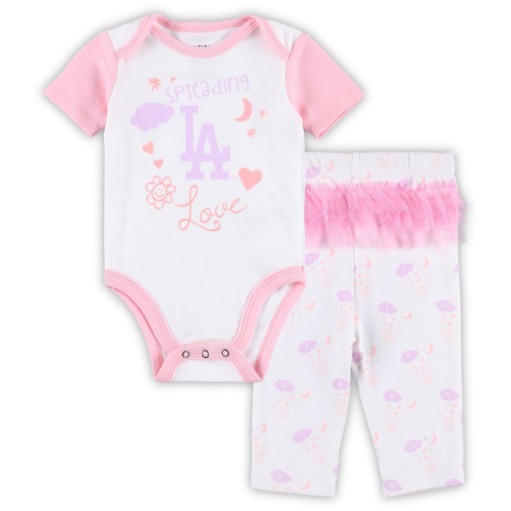 Newborn & Infant White/Pink Los Angeles Dodgers Spreading Love Bodysuit Tutu with Leggings Set