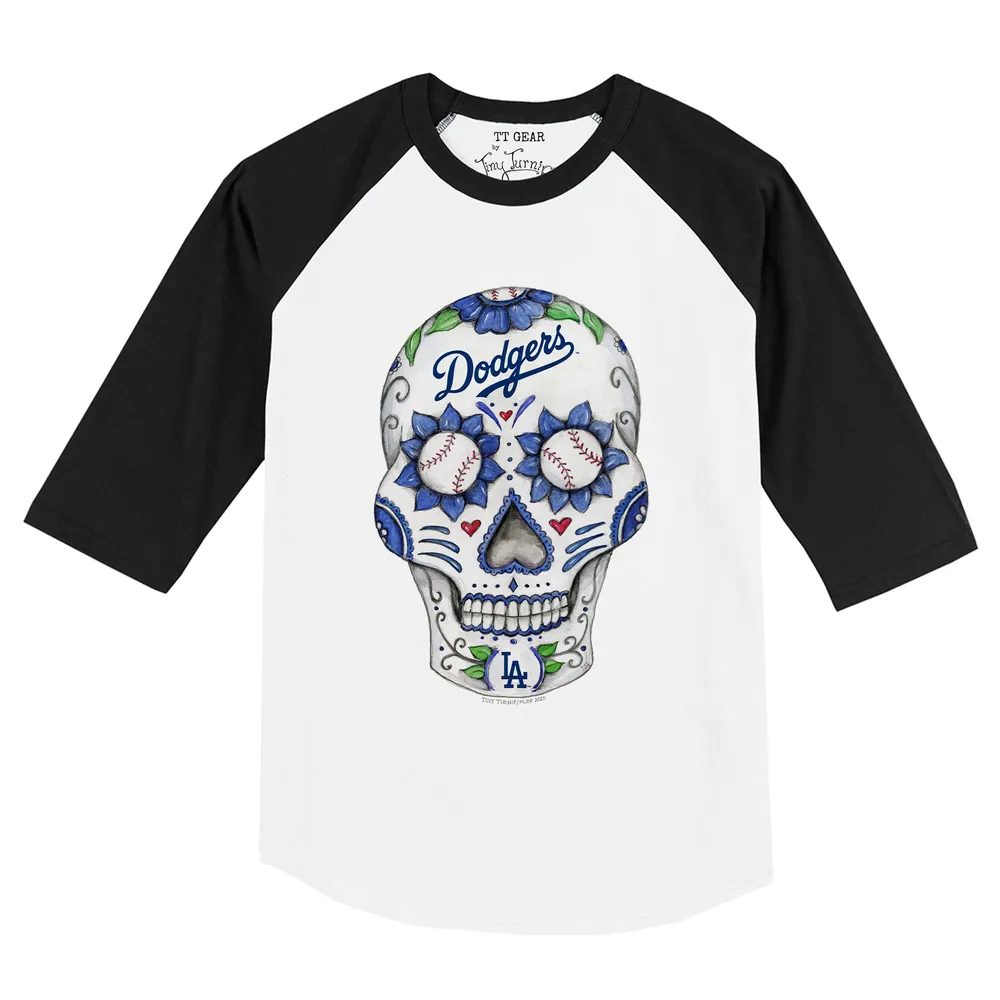 Los Angeles Dodgers Tiny Turnip Women's Sugar Skull 3/4-Sleeve Raglan  T-Shirt - White/Black