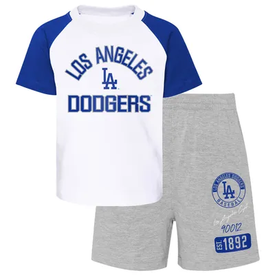 Los Angeles Dodgers Toddler Two-Piece Groundout Baller Raglan T-Shirt & Shorts Set - White/Heather Gray