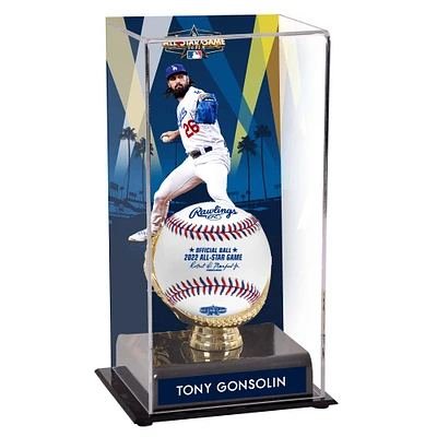 Vitrine de présentation des gants dorés du match des étoiles de la MLB 2022 des Los Angeles Dodgers de Tony Gonsolin avec image