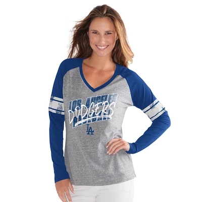 T-shirt à manches longues et col en V trois mélanges G-III 4Her par Carl Banks Royal Los Angeles Dodgers The Franchise pour femme